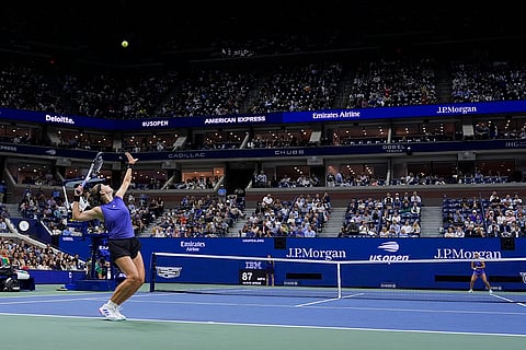 US Open Tennis Semifinal 2024: Karolina Muchova, of the Czech Republic, serves to Jessica Pegula